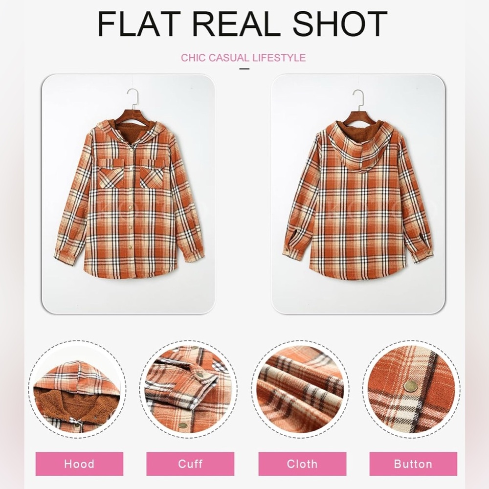 Orange Plaid Sherpa-Lined Hooded Utility Jacket - Picture 2 of 11